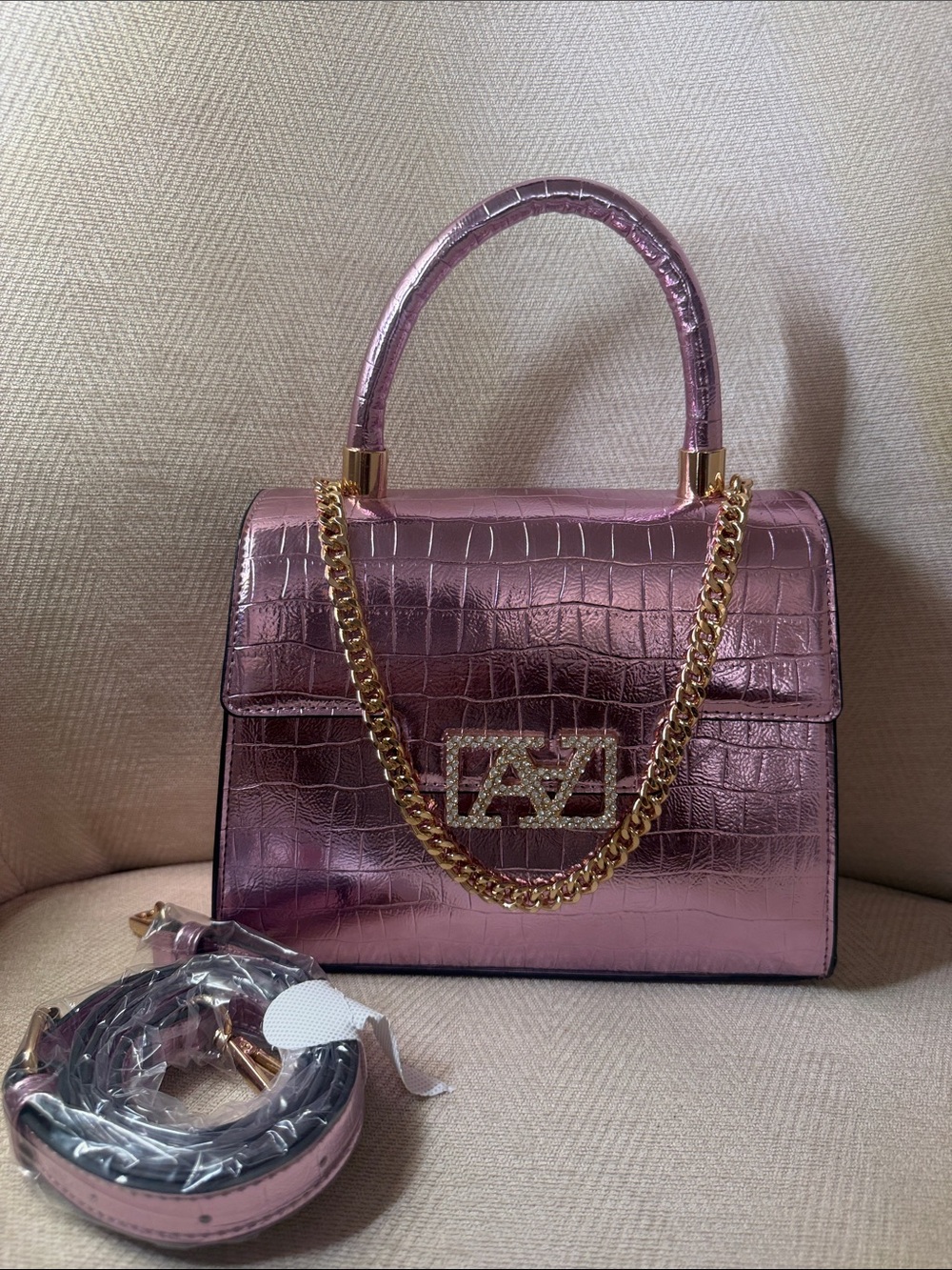Source Unknown Metallic Pink Croc-Embossed Top Handle Satchel with Gold Chain